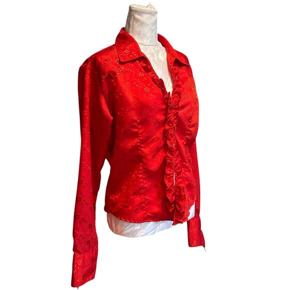 Vintage Panhandle Slim Red Satin Embroidered Floral Ruffle Shirt Womens Sz Large - Picture 3 of 16